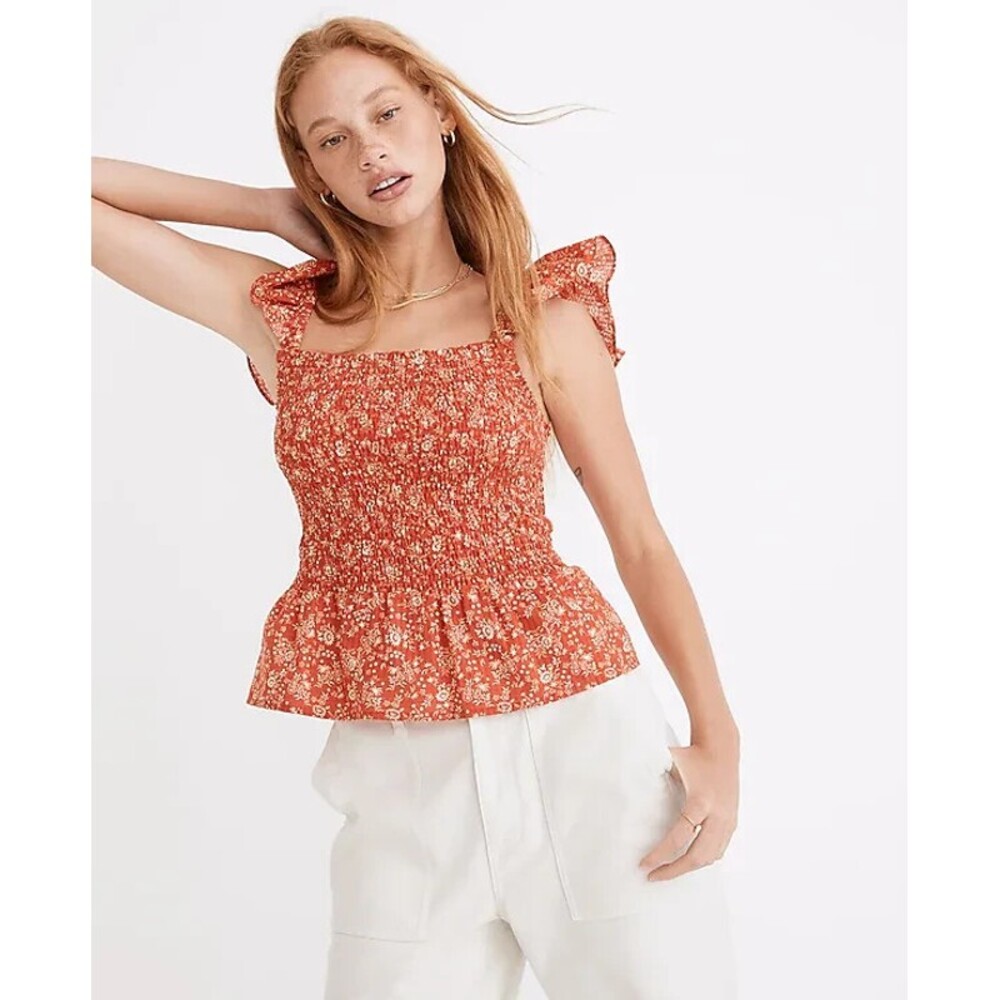 Madewell Lucie Smocked Size 10 Piazza Floral Fresh Chili Cropped Peplum Top NWT